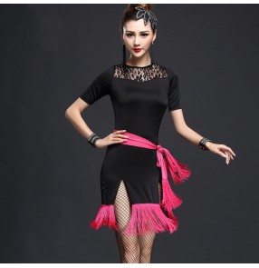 Royal blue fuchsia hot pink black with sashes women's ladies female short sleeves lace patchwork competition performance latin dance dresses